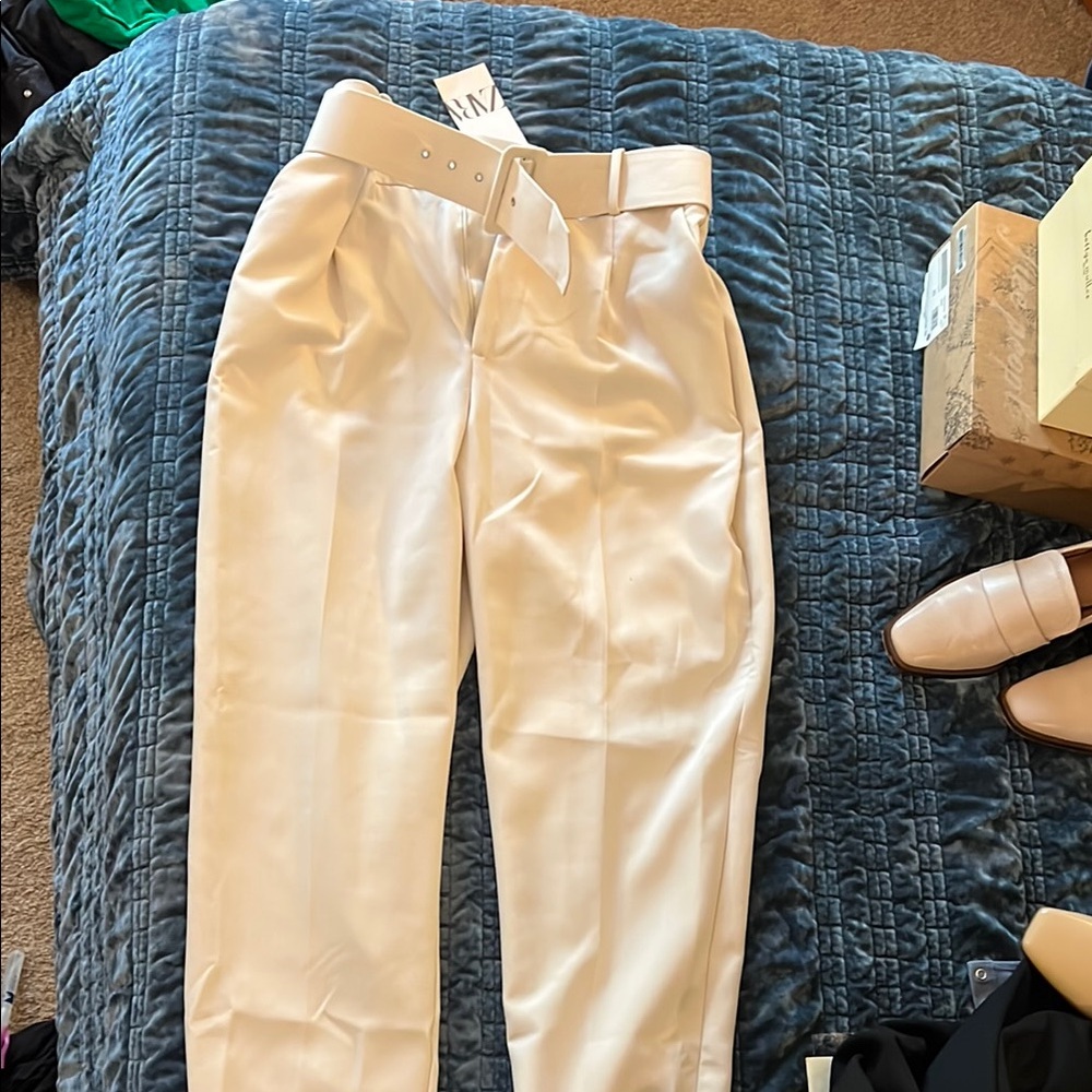 Zara Cream High Waisted Trousers with Belt